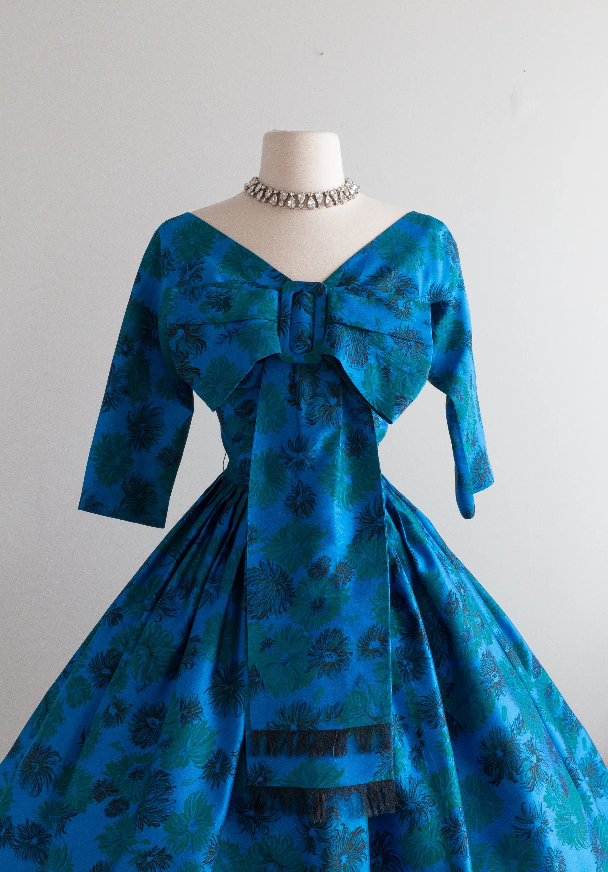 1950's Silk Peacock Colored Abstract Floral Party Dress With Bow / Small