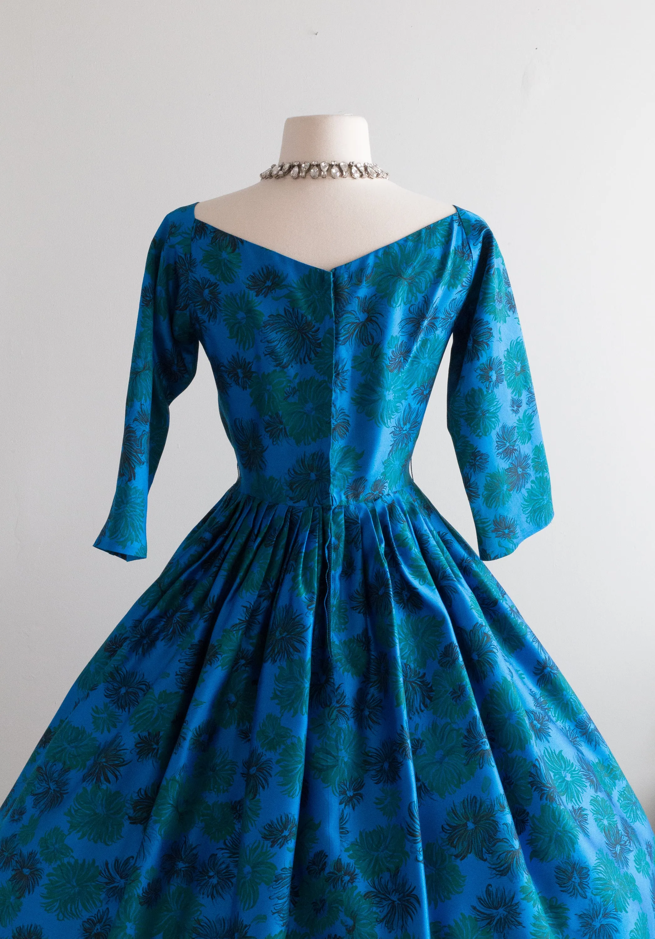 1950's Silk Peacock Colored Abstract Floral Party Dress With Bow / Small