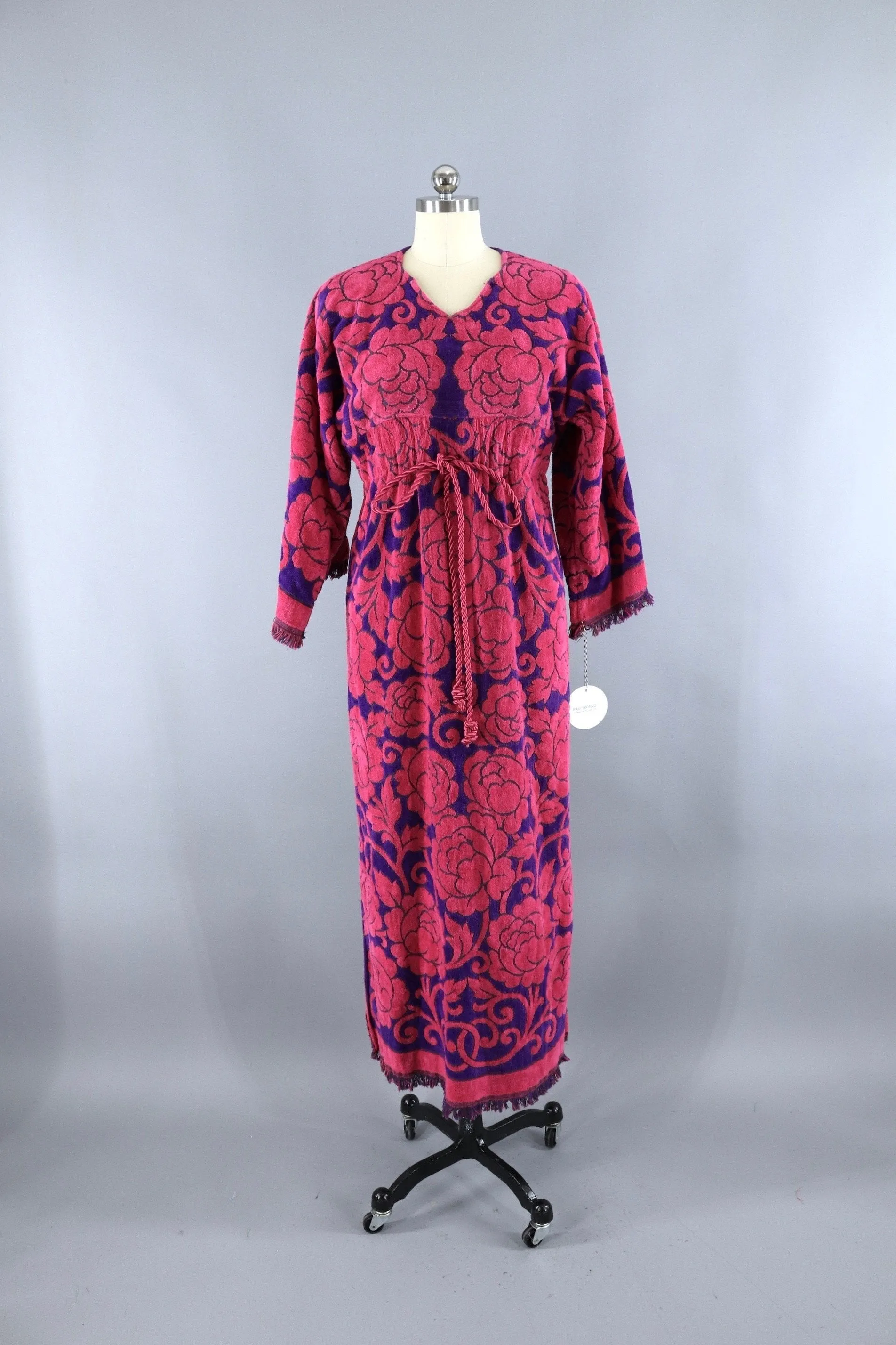 1960s Vintage Terry Cloth Towel Dress / Pink & Purple Roses