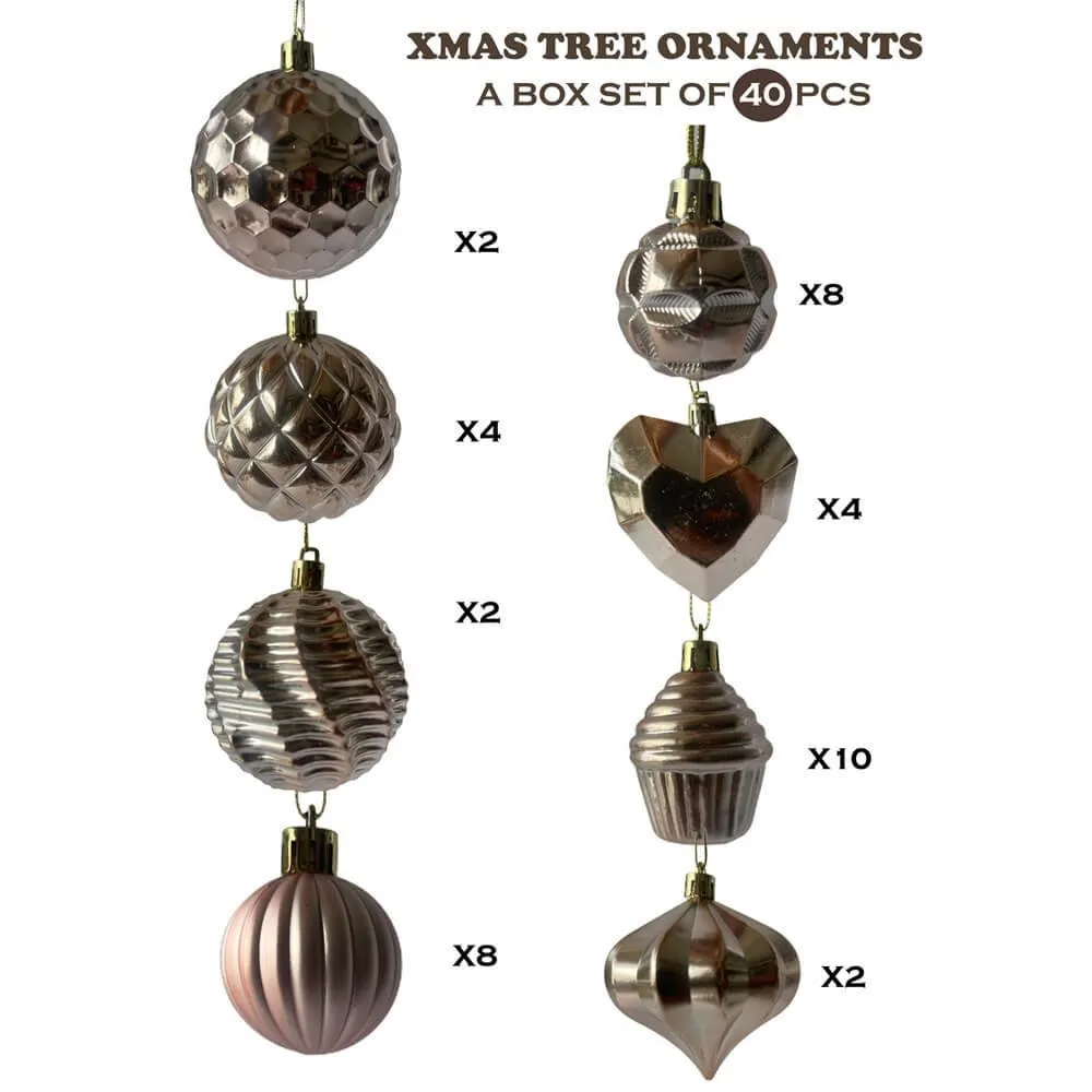 40 pcs, Rose Gold Theme Hanging Christmas Tree Ornaments