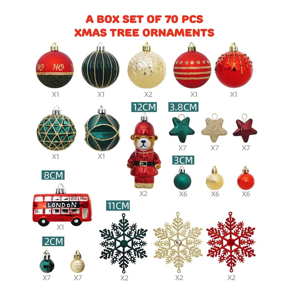 70 pcs London theme Red, Green, Gold Christmas Ball Tree ornaments XMAS Decoration Set