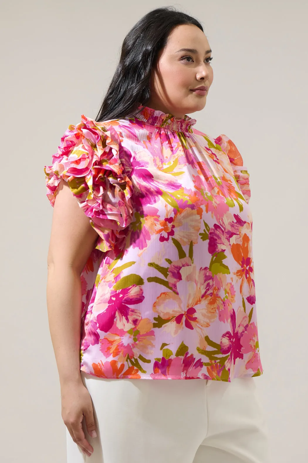 Abigal Floral Brenna Mock Neck Ruffle Blouse Curve