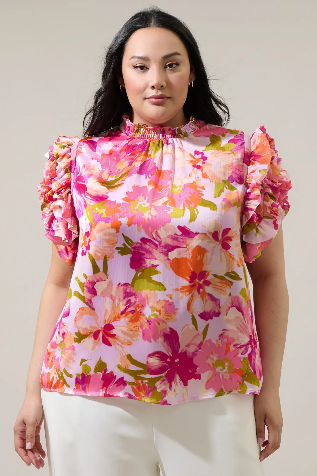 Abigal Floral Brenna Mock Neck Ruffle Blouse Curve