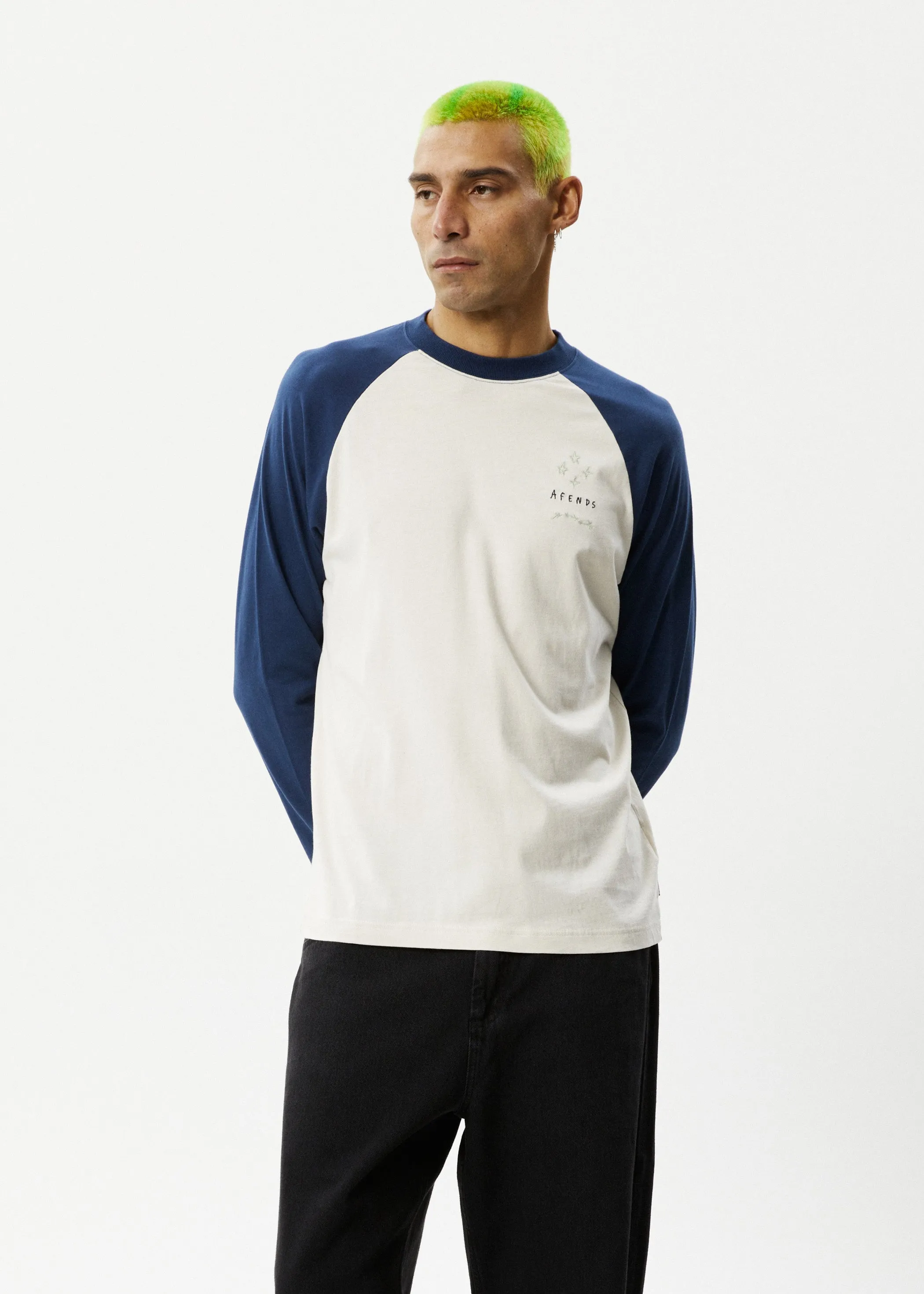 AFENDS Mens Stars - Long Sleeve Raglan Tee - Moonbeam