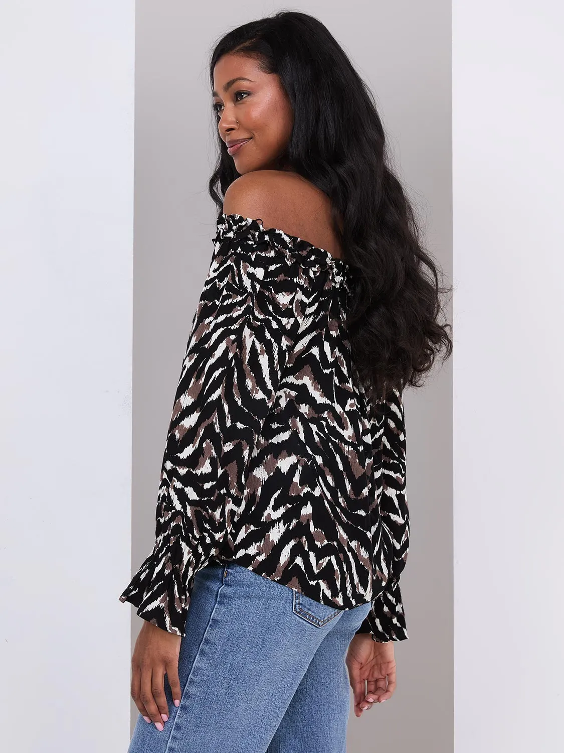 Animal Print Off-The-Shoulder Top With Ruffle Details