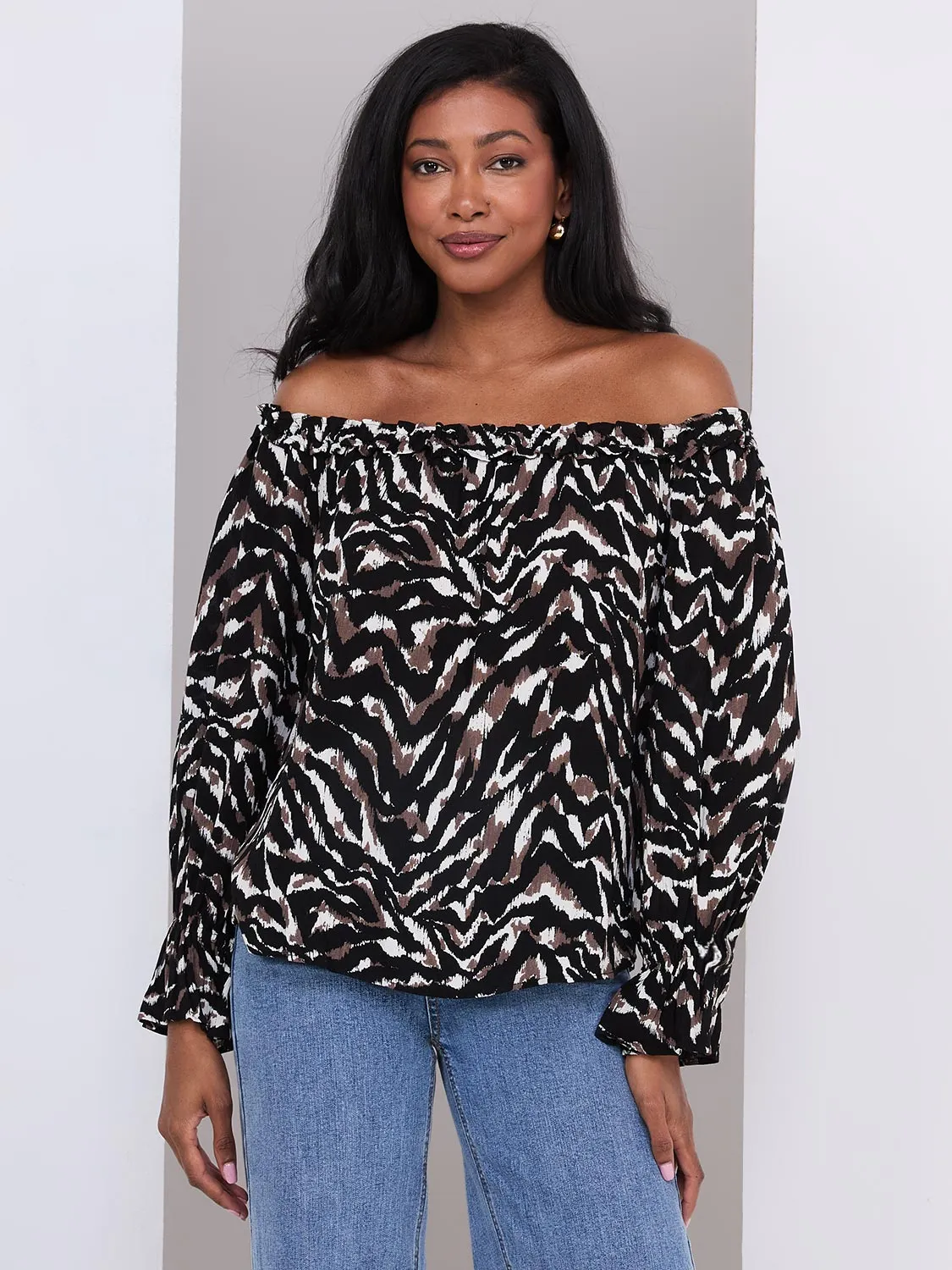 Animal Print Off-The-Shoulder Top With Ruffle Details