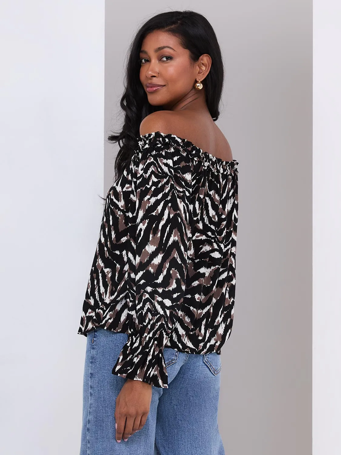 Animal Print Off-The-Shoulder Top With Ruffle Details