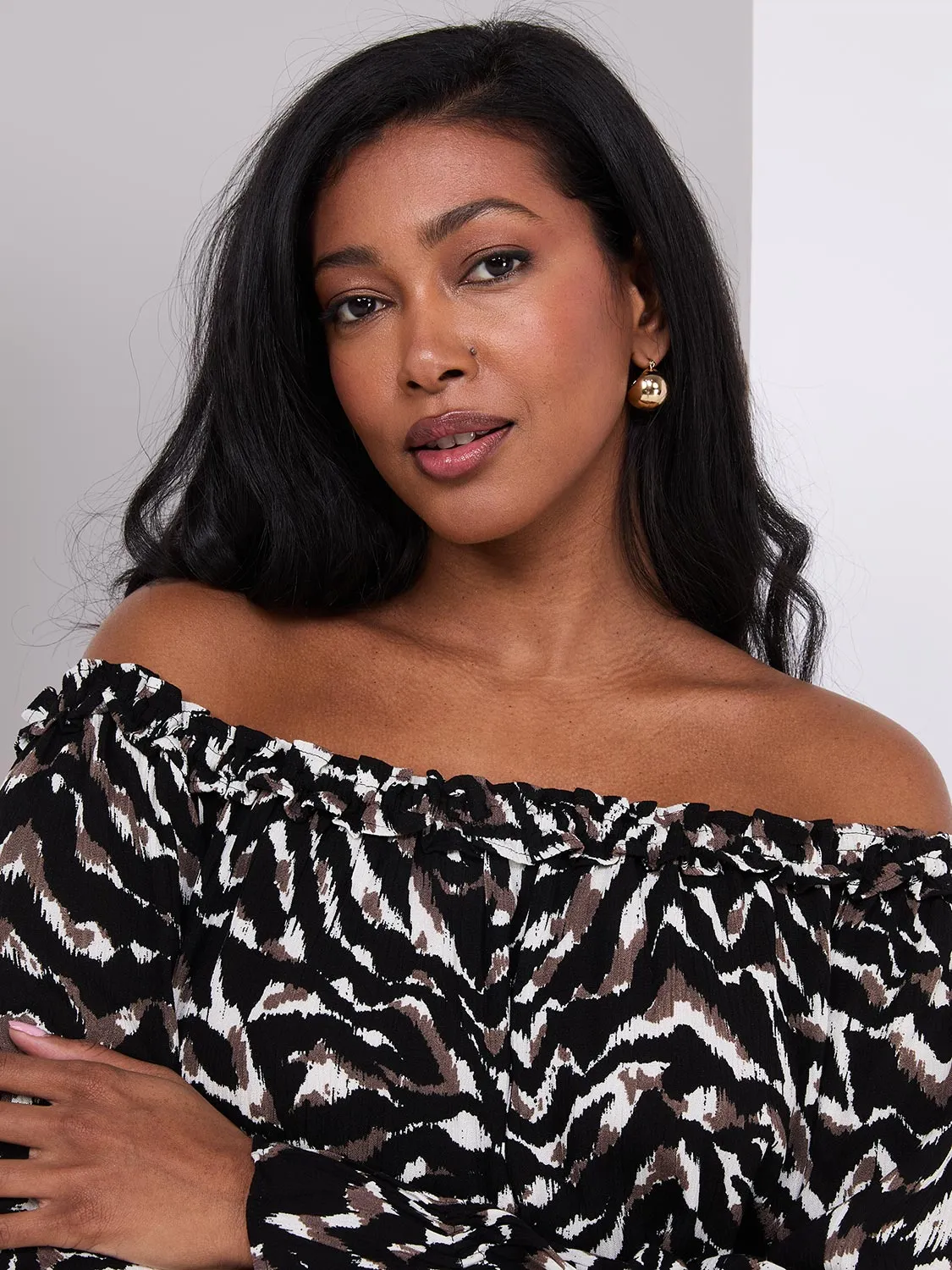 Animal Print Off-The-Shoulder Top With Ruffle Details