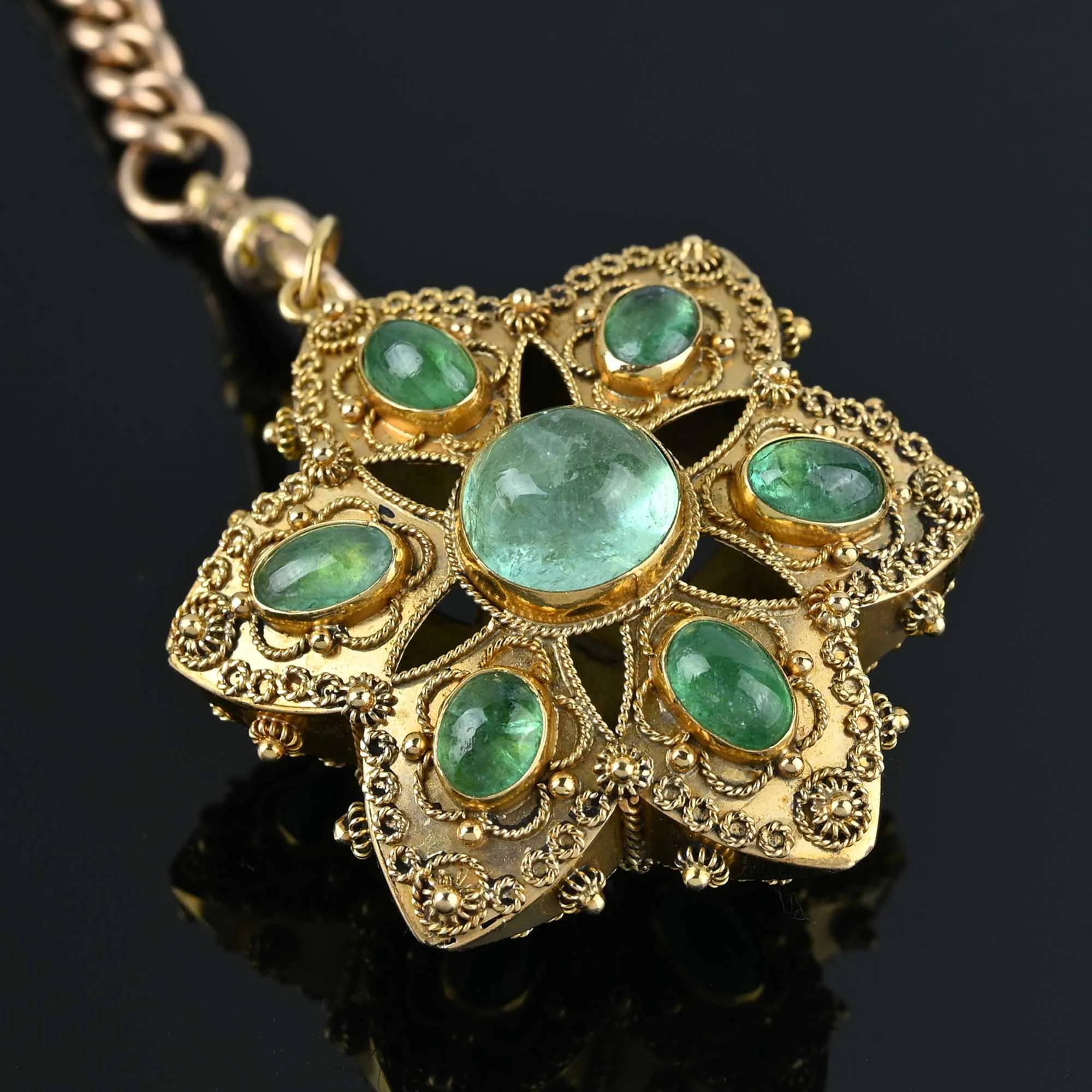 Antique Emerald Star 18K Gold Etruscan Pendant