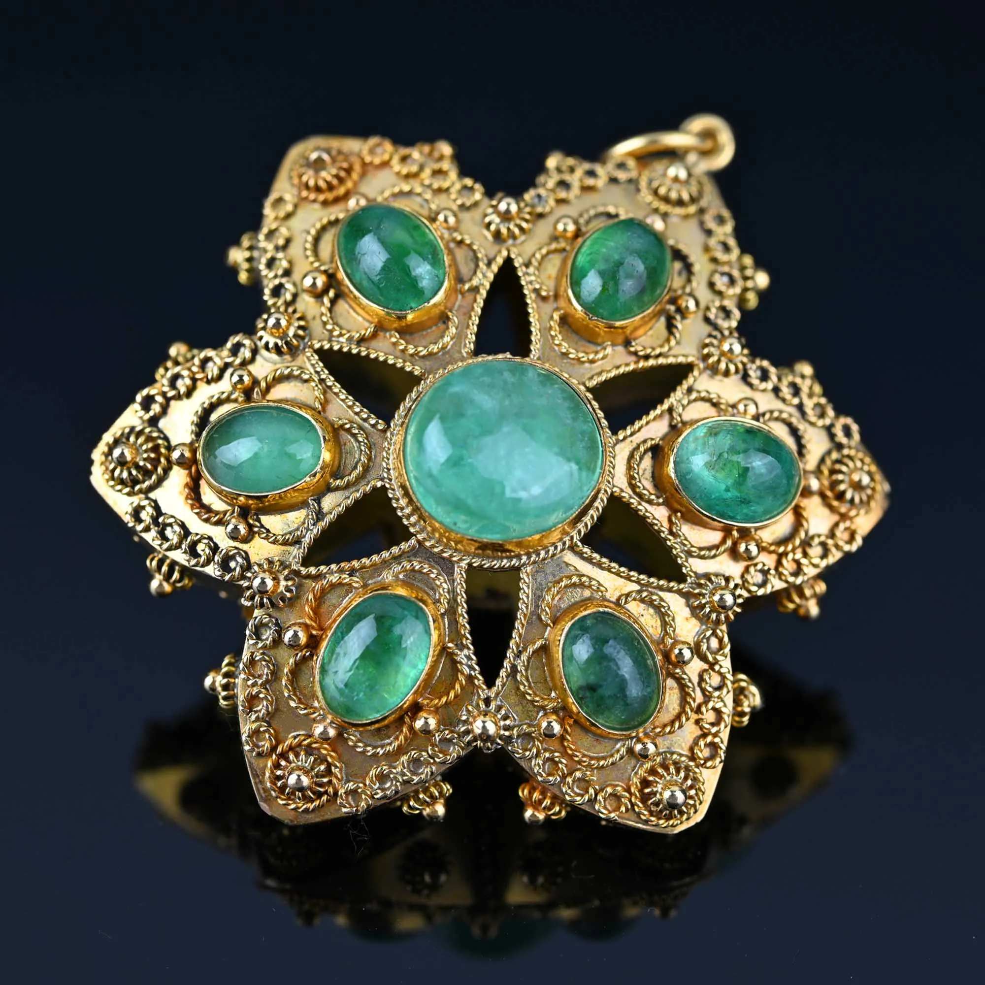 Antique Emerald Star 18K Gold Etruscan Pendant