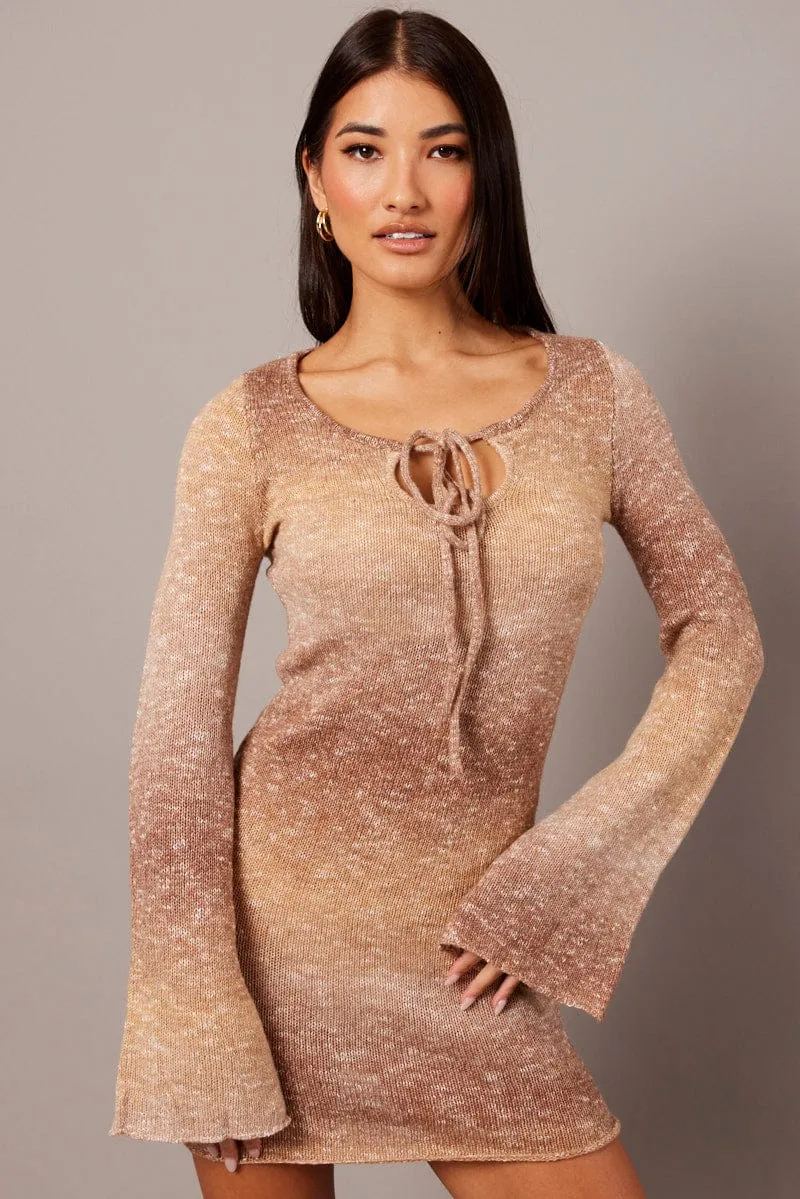 Beige Knit Dress Long Sleeve Mini