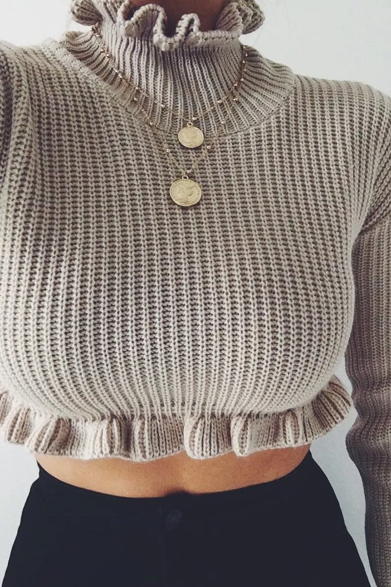 Beige Ruffle Hem Chunky Knit Crop Jumper - Alannah