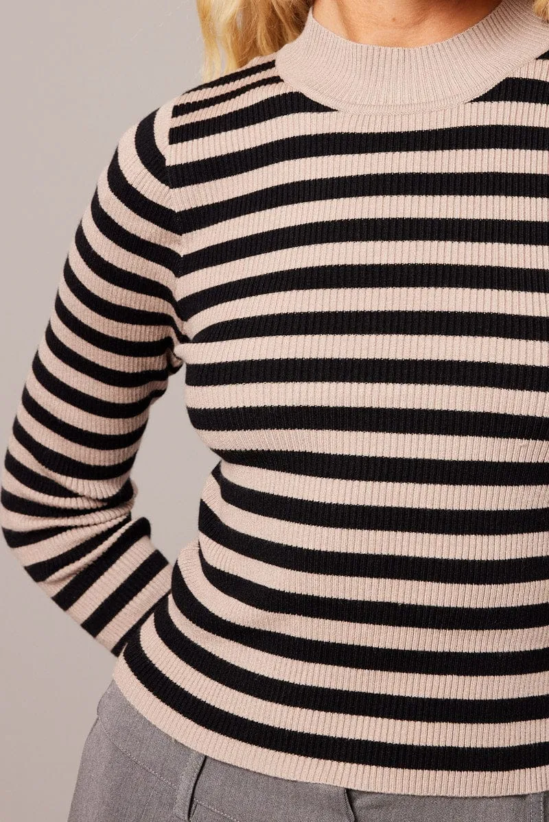 Beige Stripe Knit Top Long Sleeve Funnel Neck