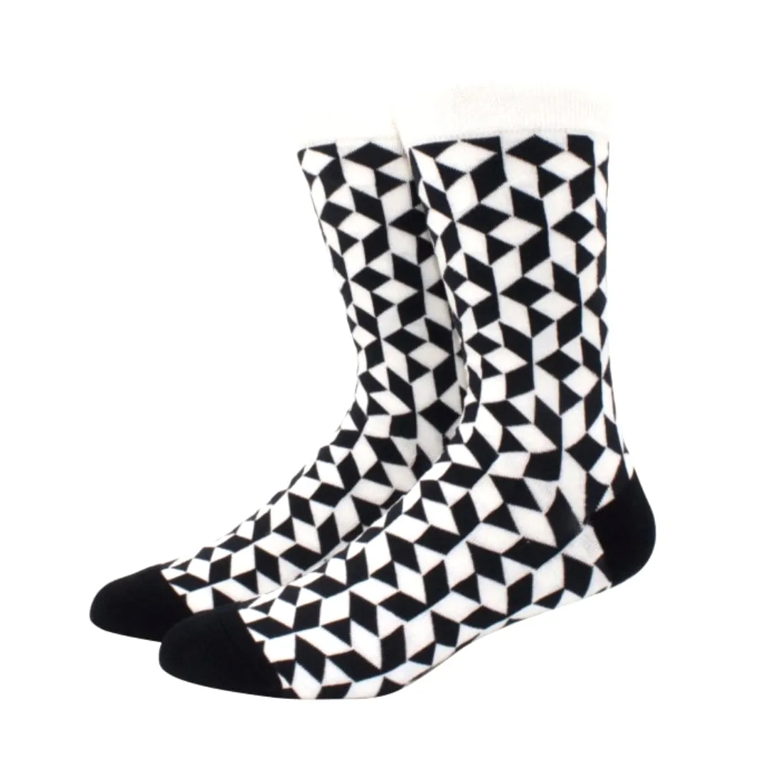 Black and White Diamond 3D Cubed Patterned Socks (Adult Large - Men's Shoe Sizes 8-12)