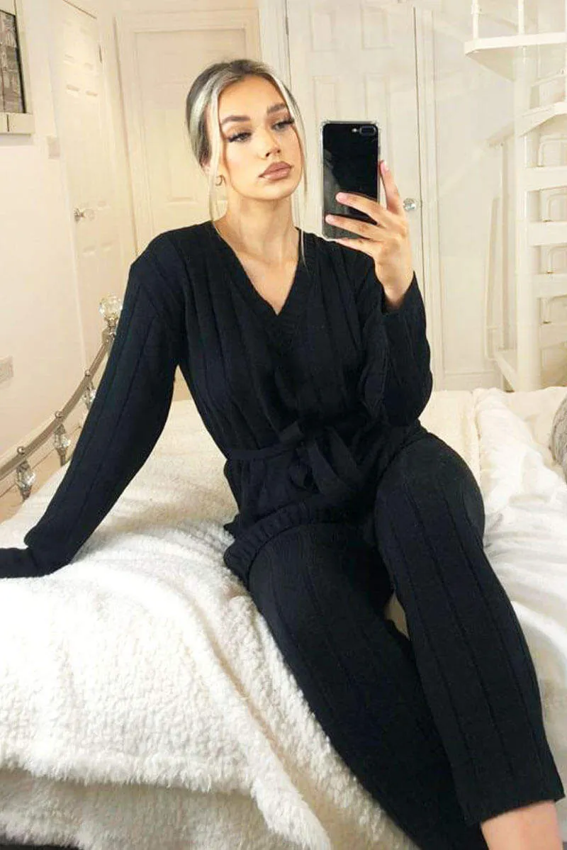 Black Chunky Knit Tie Waist Lounge Suit