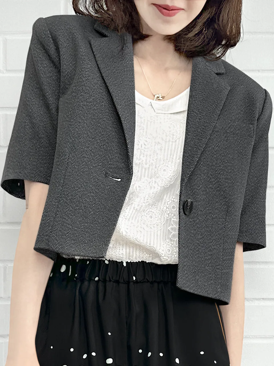 Black Denim Ruffle Detail Strong Shoulder Crop Blazer