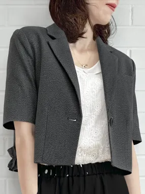 Black Denim Ruffle Detail Strong Shoulder Crop Blazer