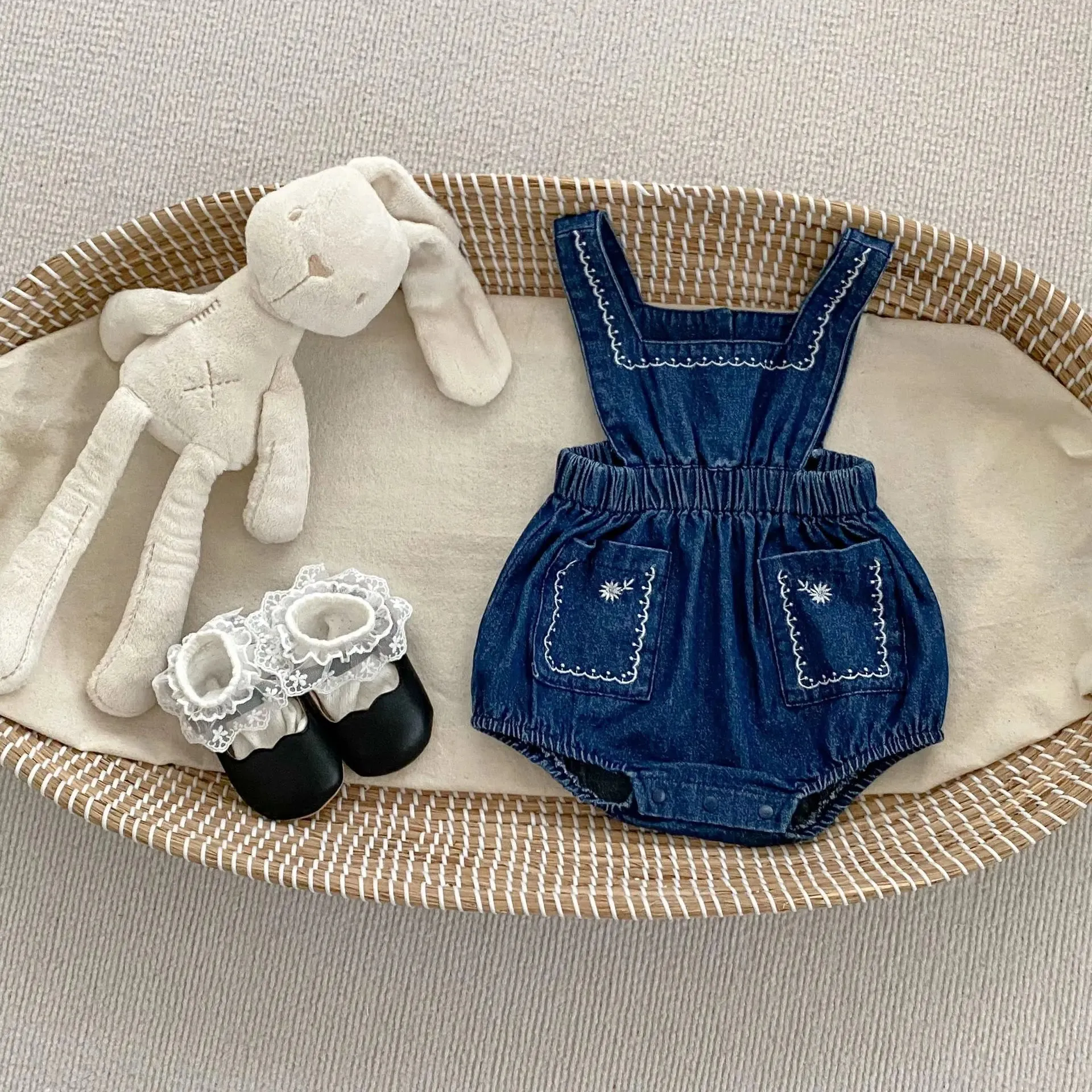 Blue Denim Romper & Overalls Set with White Blouse