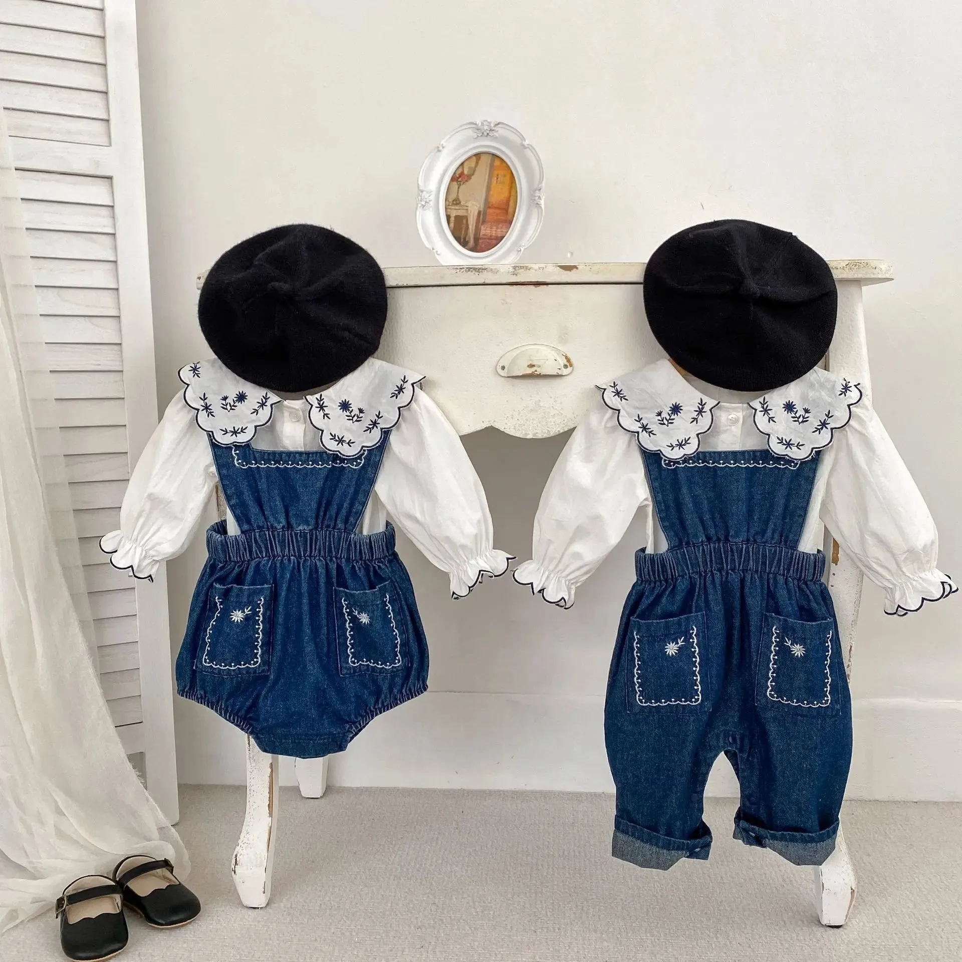 Blue Denim Romper & Overalls Set with White Blouse