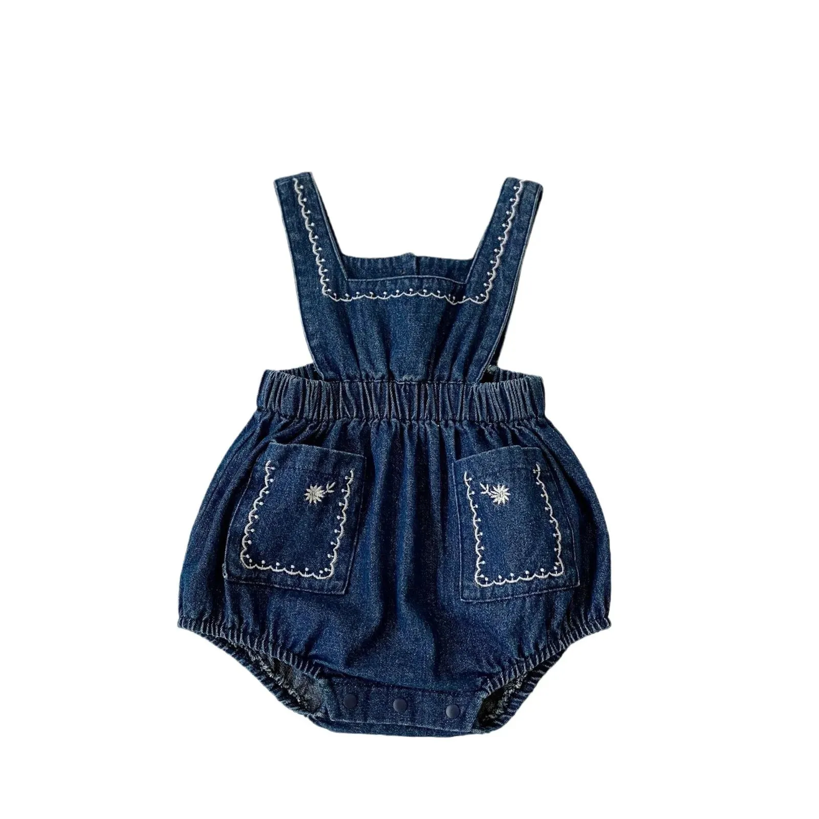 Blue Denim Romper & Overalls Set with White Blouse