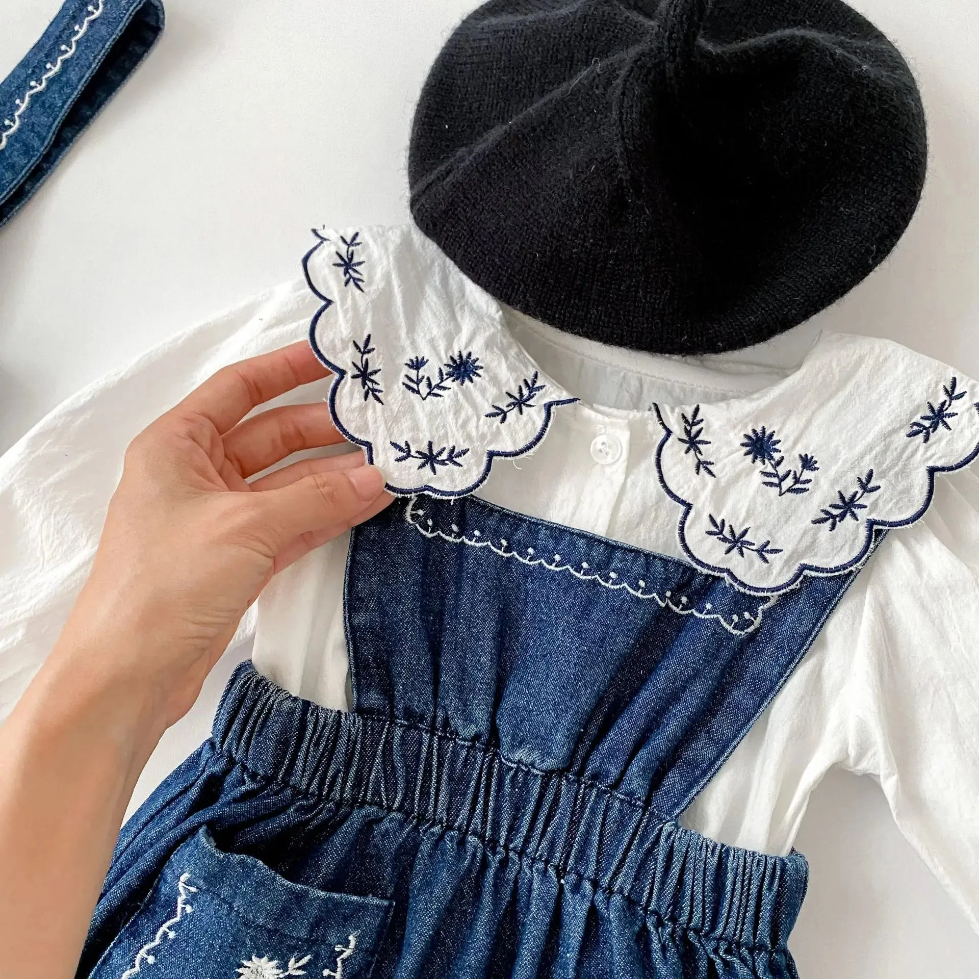 Blue Denim Romper & Overalls Set with White Blouse