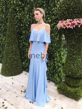 Blue Spaghetti Strap V-back Ruffles Bridesmaid Dresses, AB4091