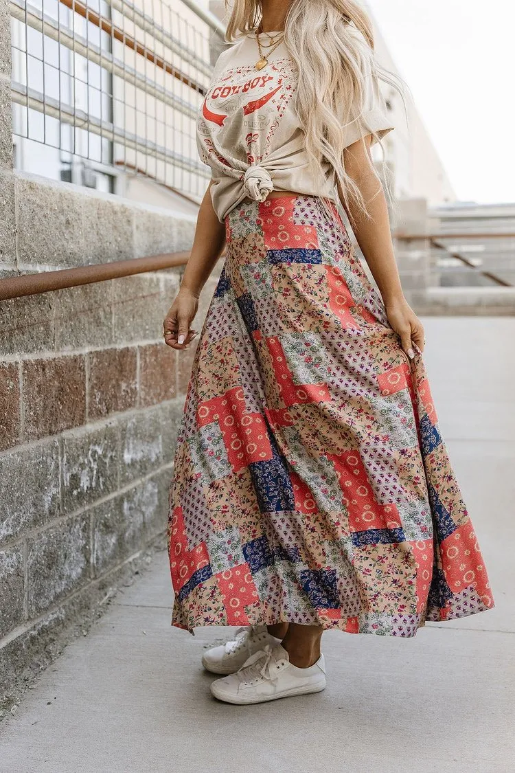 Bradyn Patchwork Maxi Skirt - Orange