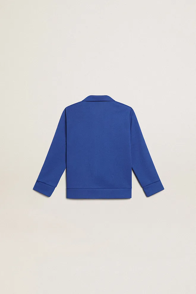 Bright blue zipped sweatshirt with white strip and bright blue stars