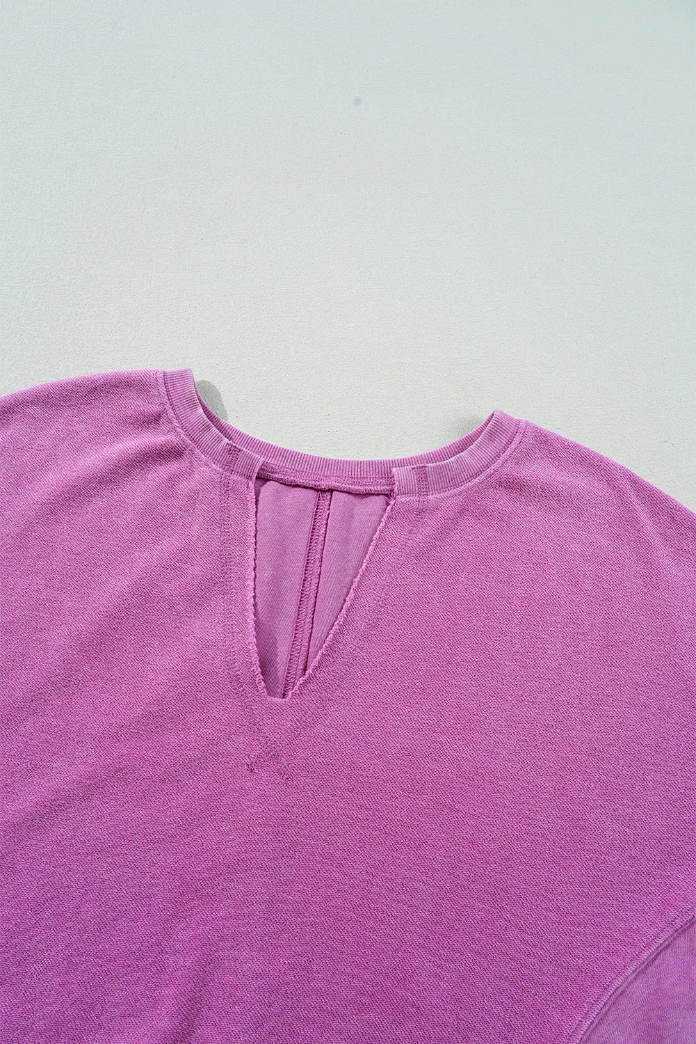 Bright Pink Solid Color Notched Neck Drop Shoulder Sweatshirt