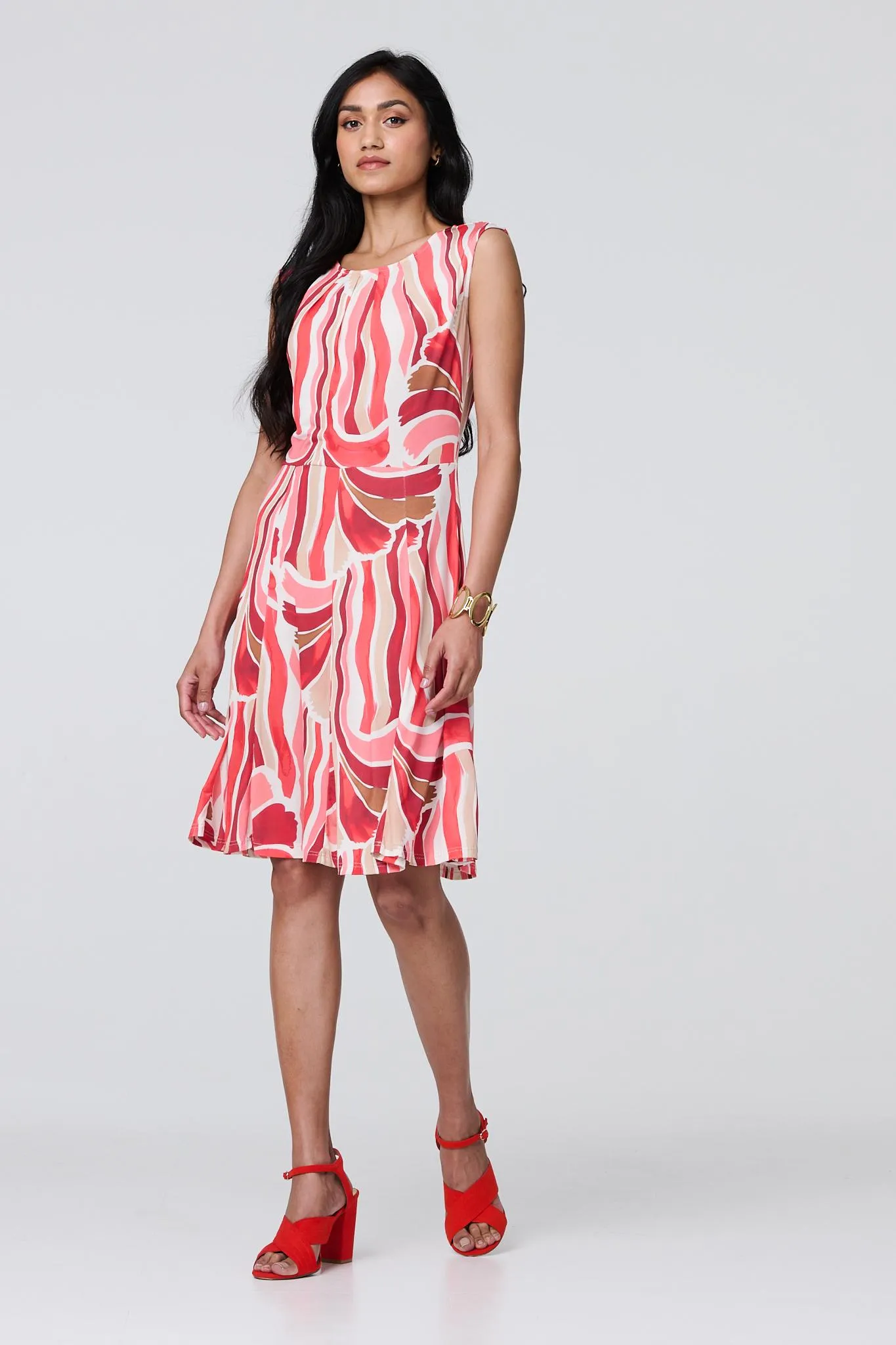 Brushstroke Print Sleeveless Knee Length Dress