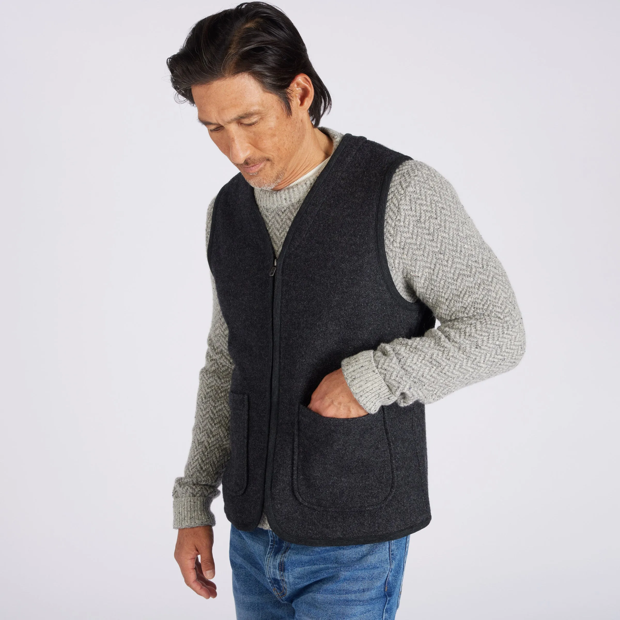 Burnham Boiled Wool Zip Up Vest  - Charcoal