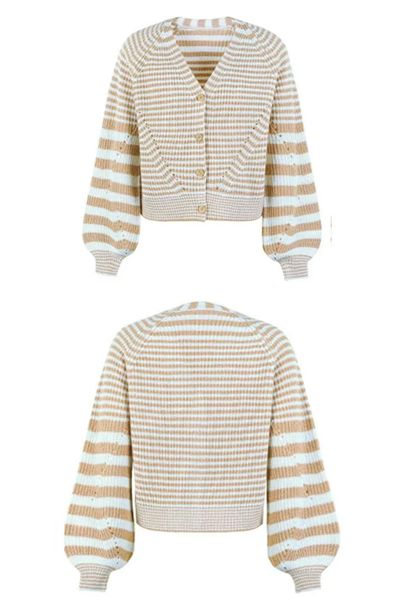 BUTTON DOWN STRIPE KNITTED SHORT CARDIGAN