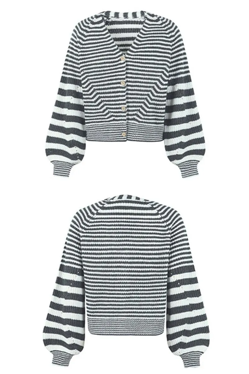 BUTTON DOWN STRIPE KNITTED SHORT CARDIGAN