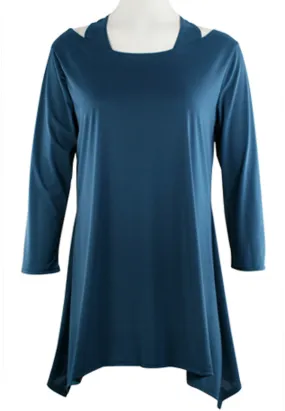 Cactus Fashion - Open Shoulder Teal Blue Long Sleeve Razor Back Tunic Top