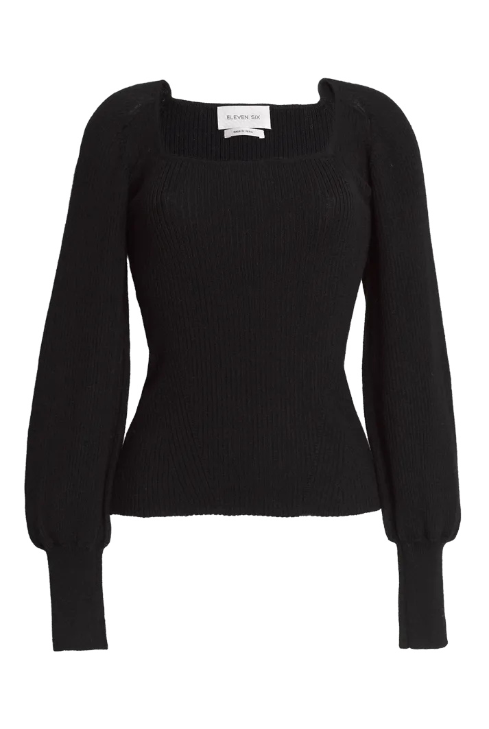 Camila Ribbed Square Neck Sweater | Black