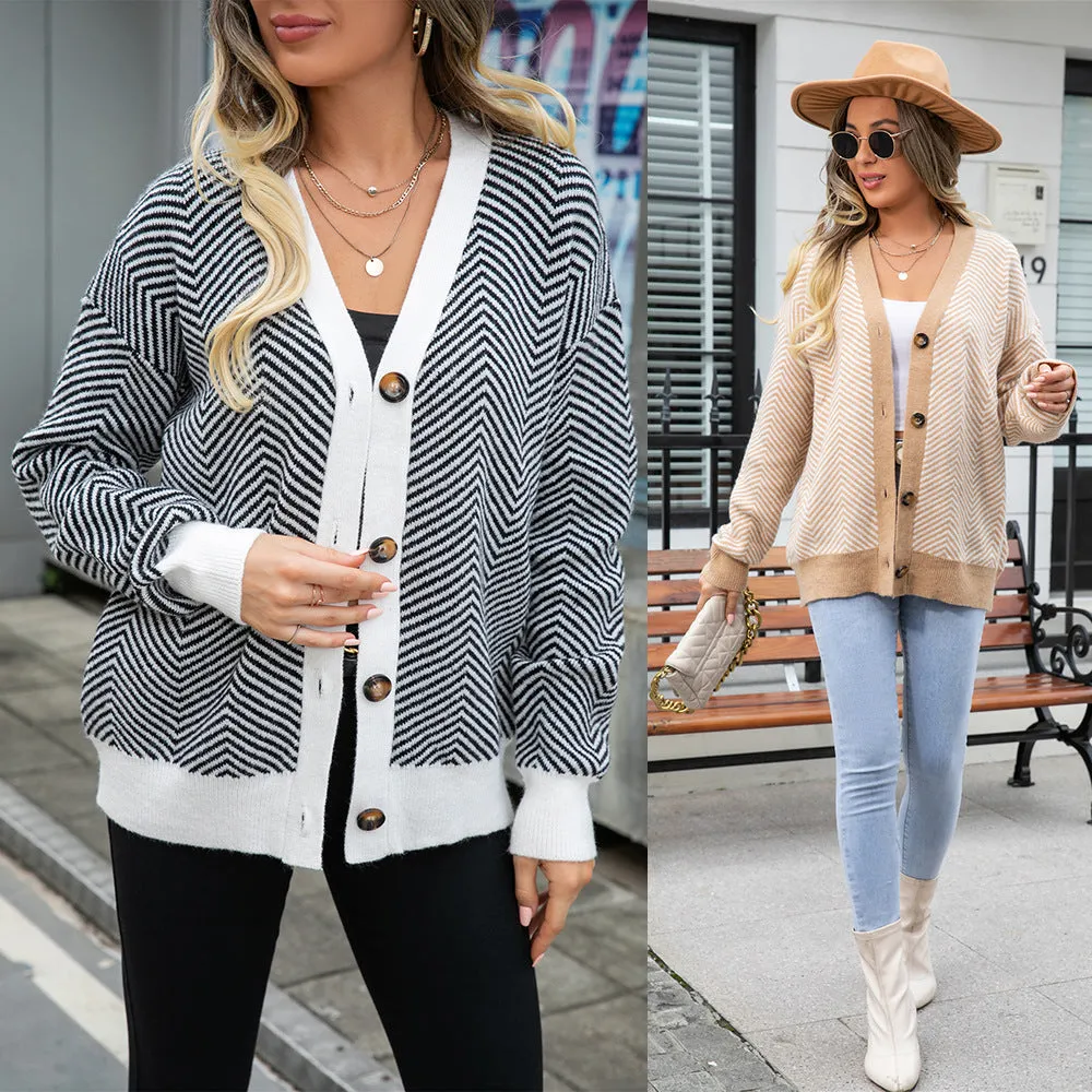 Casual Colorblocked Leopard Print Button Down Knit V-Neck Jacket Wholesale Womens Clothing