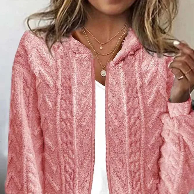 Casual Hooded Jacquard Long Sleeve Plush Jacket Wholesale Womens Clothing