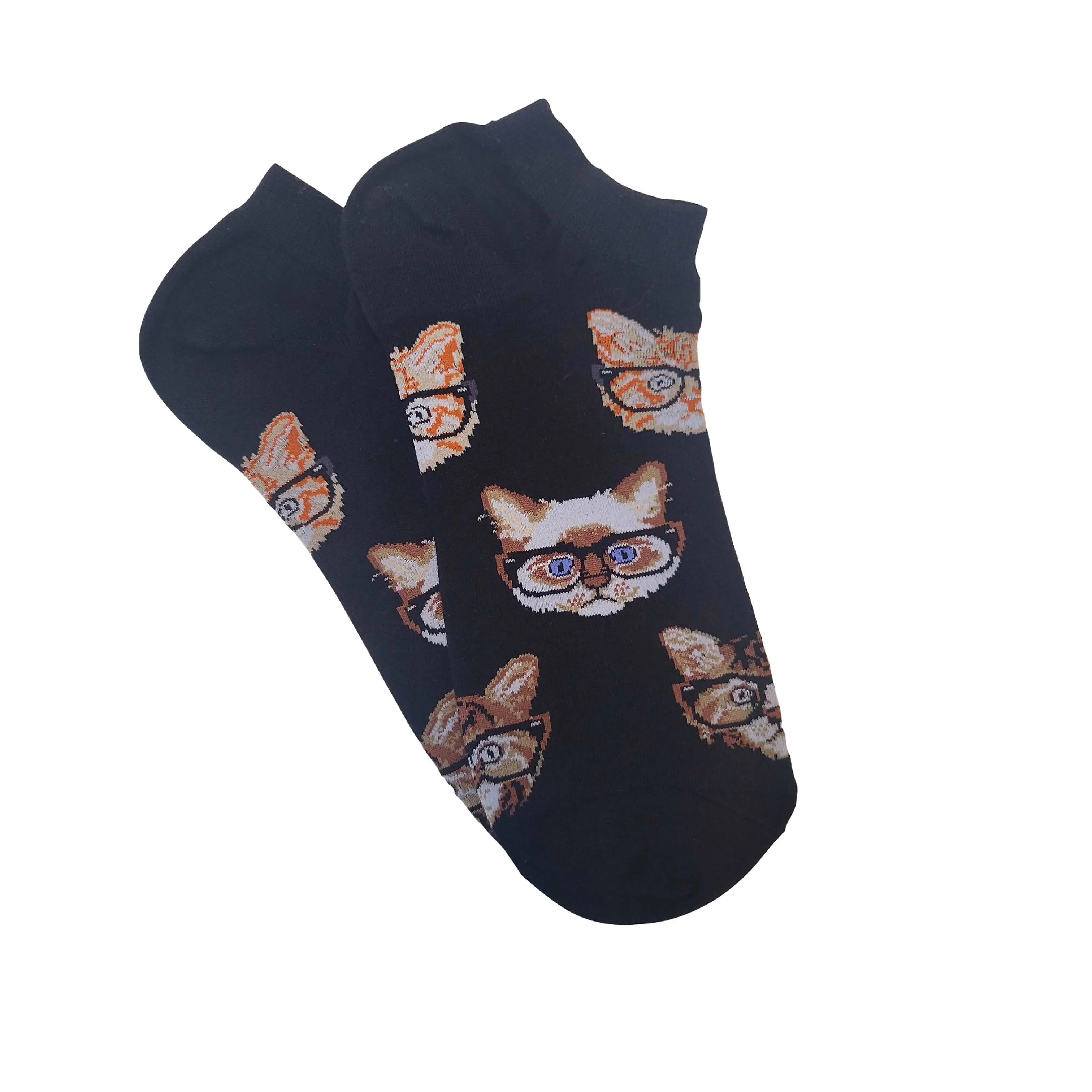 Cat Wearing Glasses Patterned Ankle Socks (Adult Large - Men's Shoe Sizes 8-12)