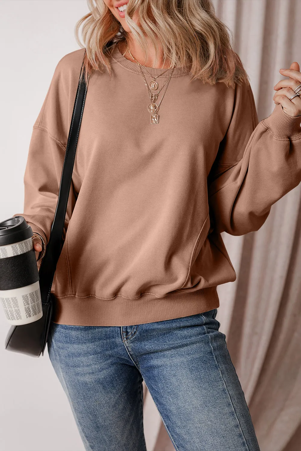 Chestnut Exposed Seam Batwing Sleeve Drop Shoulder Sweatshirt