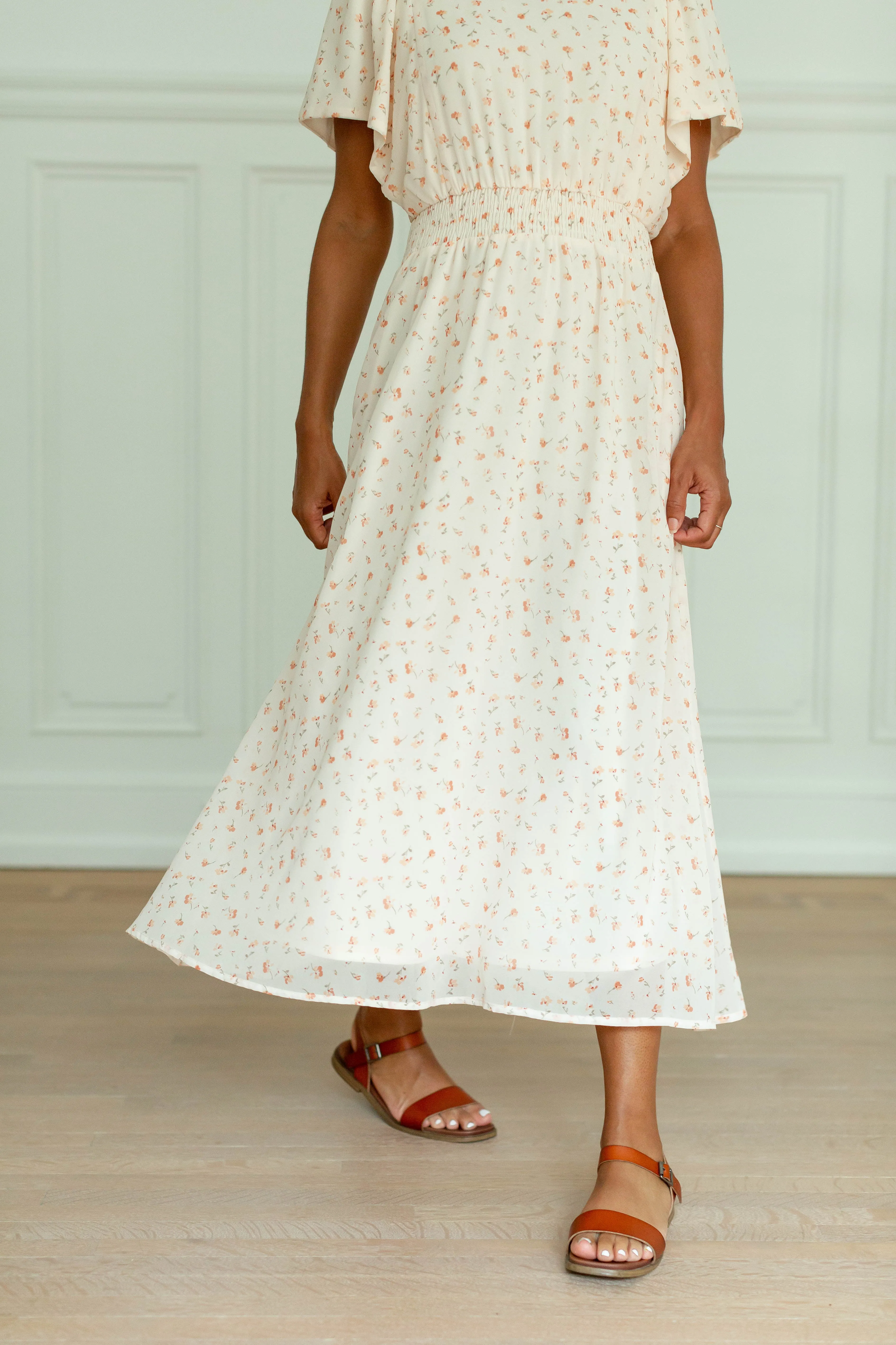 'Christina' Smocked Waist Floral Maxi Dress in Cream