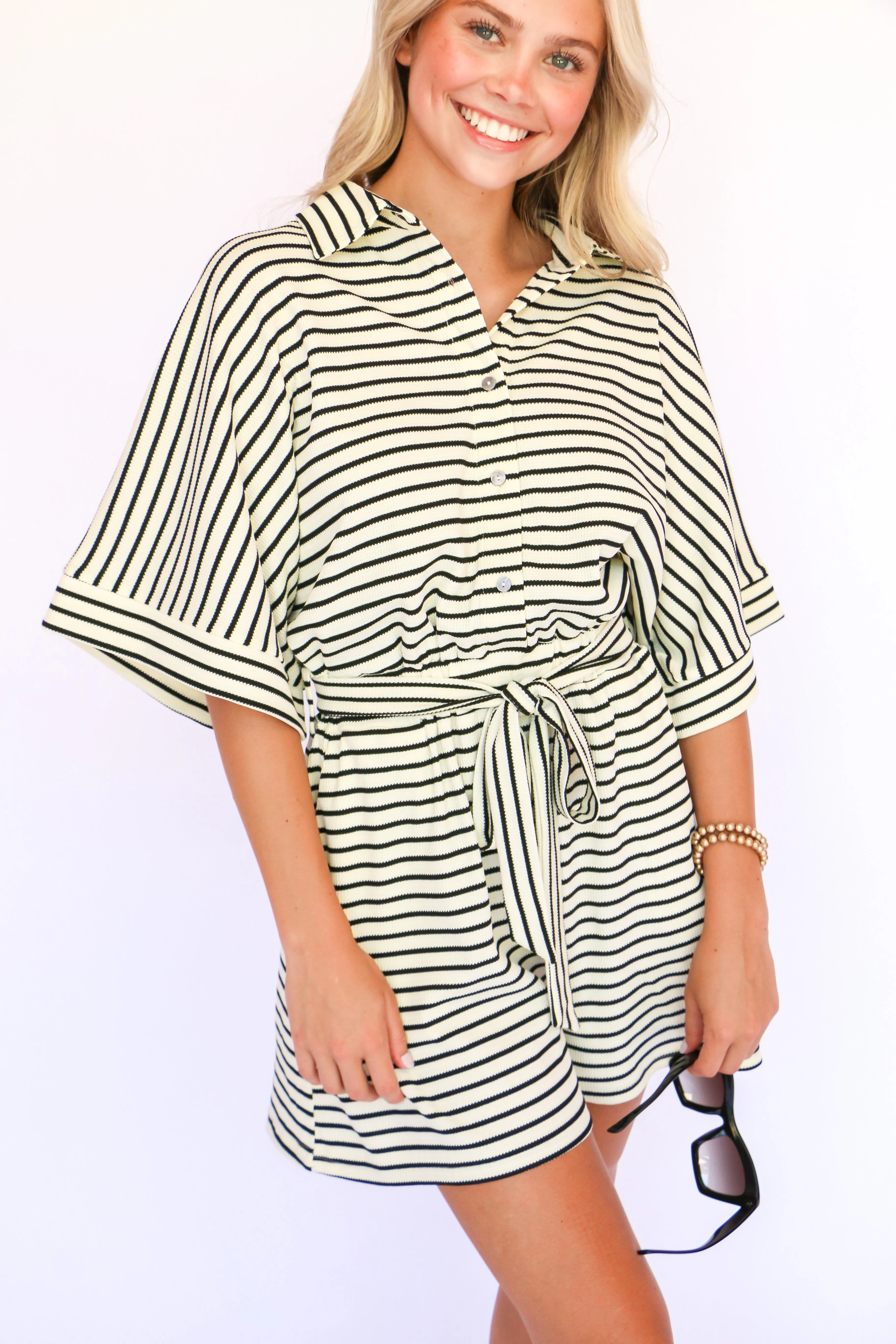 Collared Button Up Romper in Black Stripe