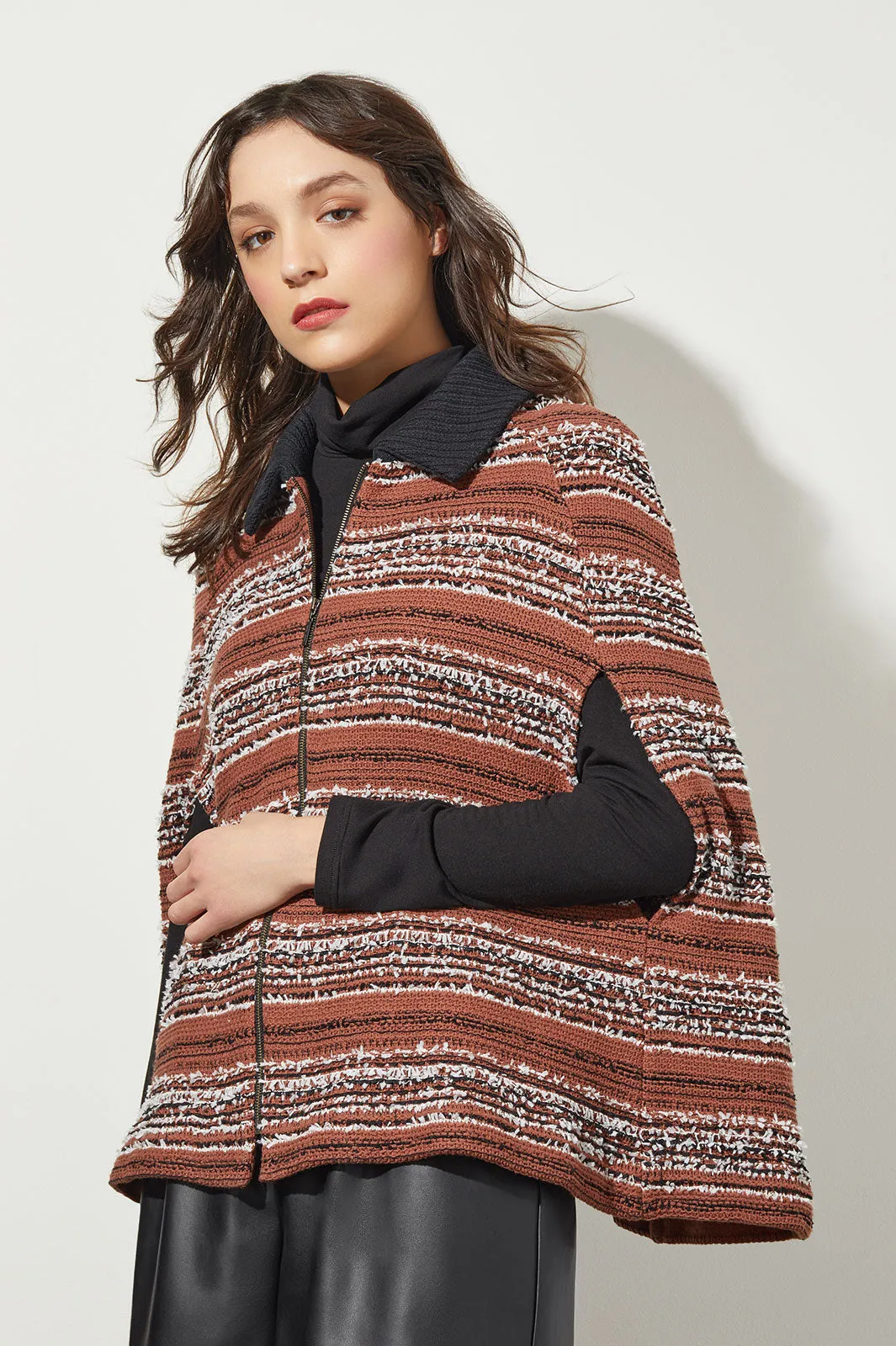 Collared Zip Front Cozy Knit Cape