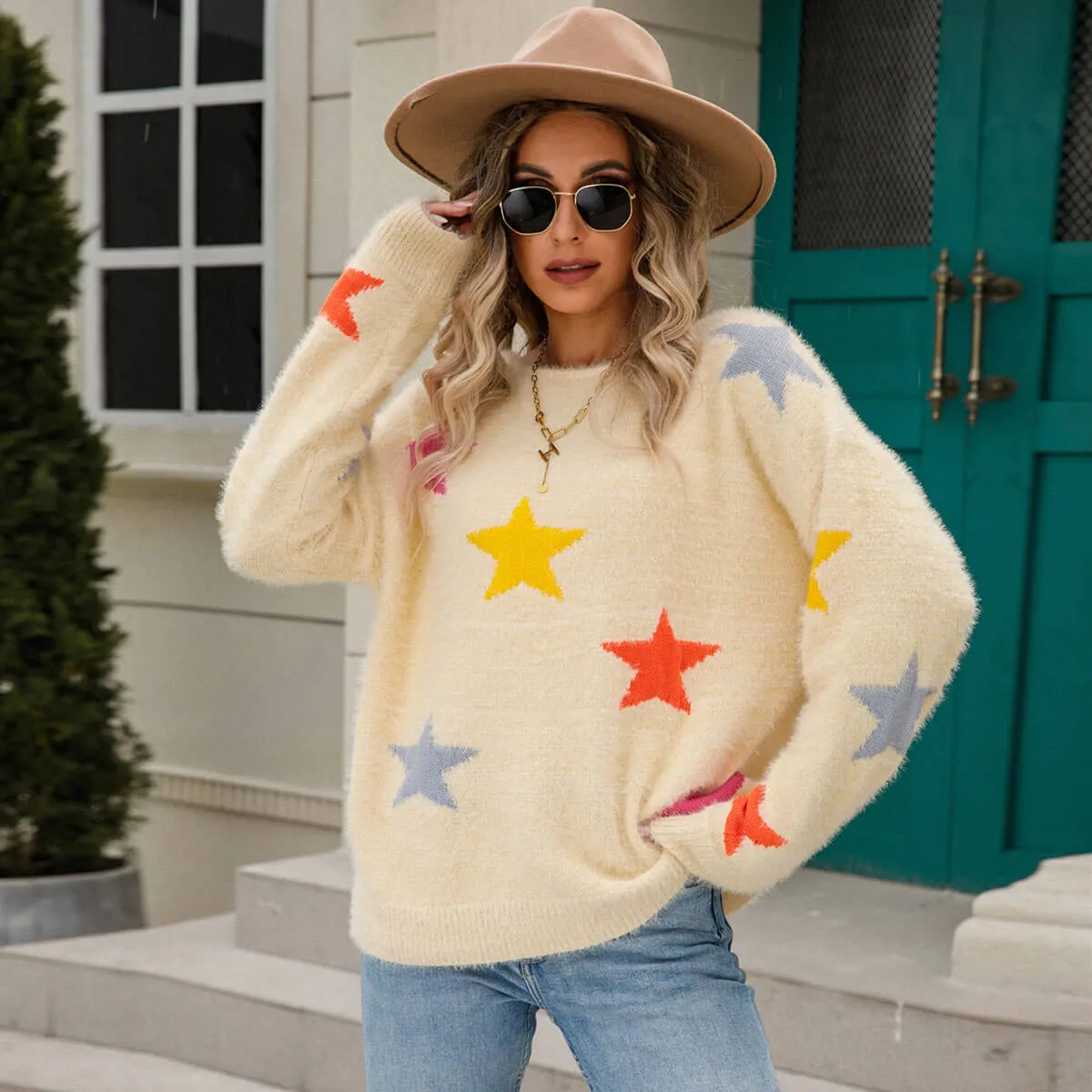 Colorful Star Jacquard Crew Neck Pullover Eyelash Knit Sweater