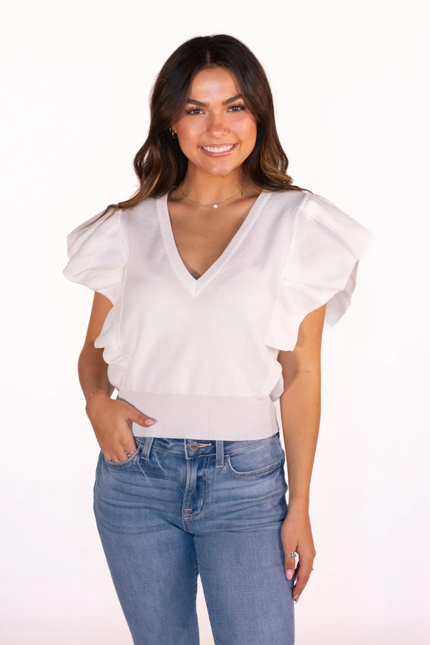 Confident Poise White Ruffle Sleeve Top