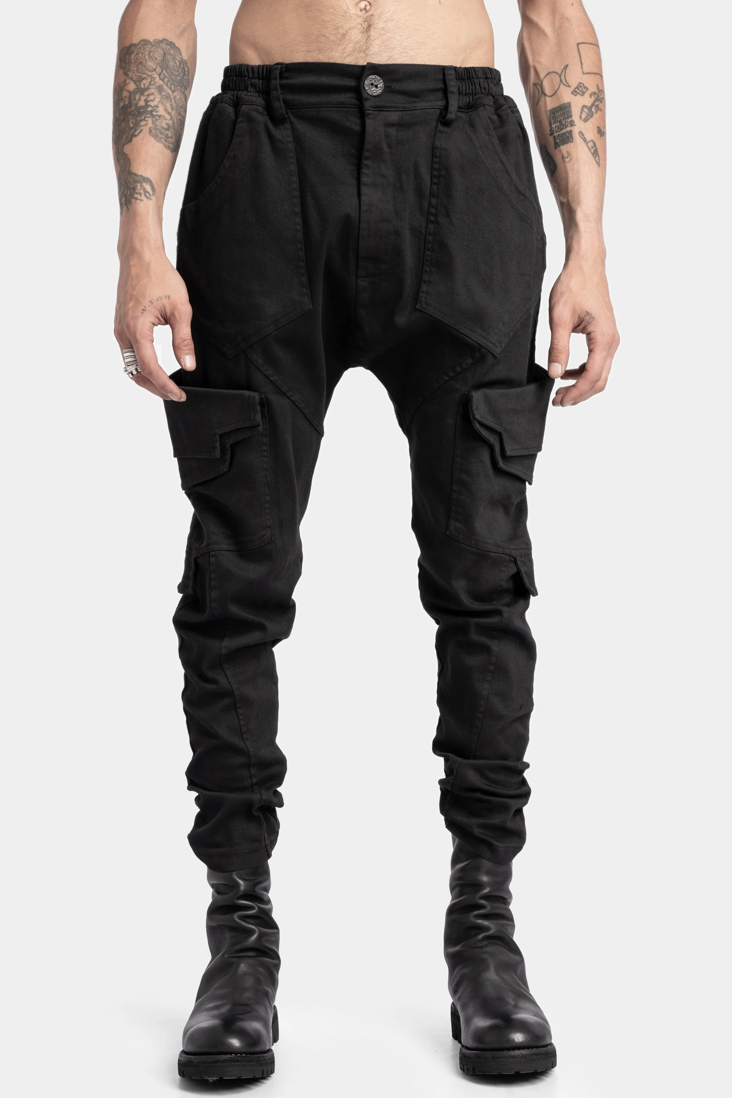 Cotton twill skinny cargo trousers, Black