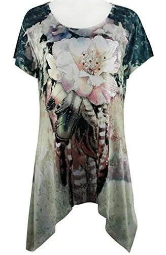 Creation - Floral Feathers, Short Sleeve Asymmetric Hem Floral Print Tunic