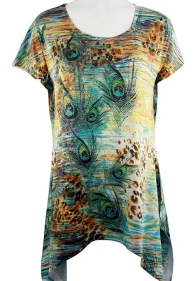 Creation - Peacock Feathers, Asymmetric Hem Geometric Print Tunic Top