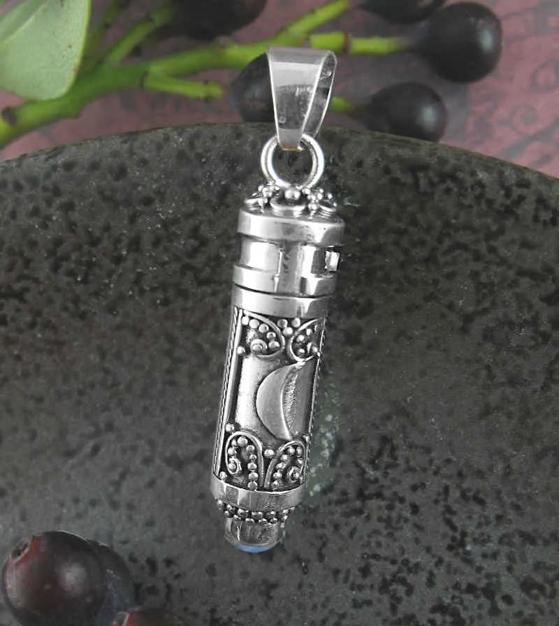 Crescent Moon & Star Poison Vial Locket Pendant With Moonstone