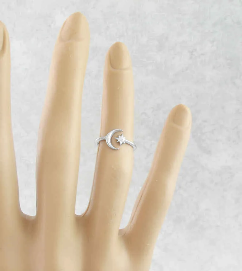 Crescent Moon and Star Toe, Midi, or Knuckle Ring, Adjustable