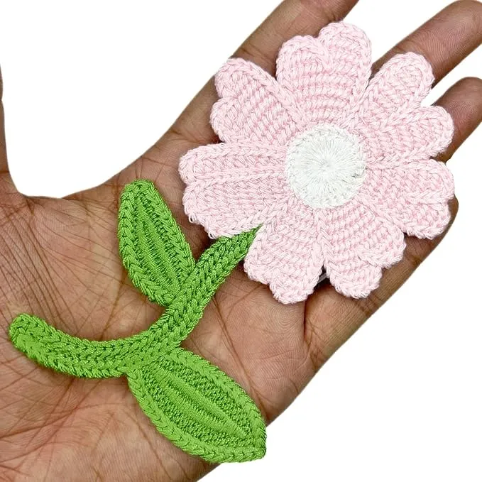 Crochet Sun Flower with Leaves Sew On Applique Patches